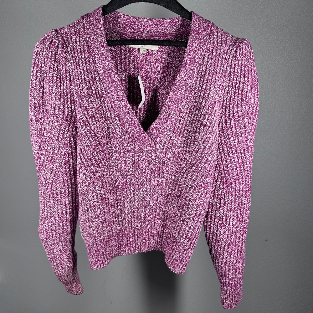 NWT Loft Womens Purple Marled V-Neck Puff Sleeve‎ Knit Sweater Size M 35526223